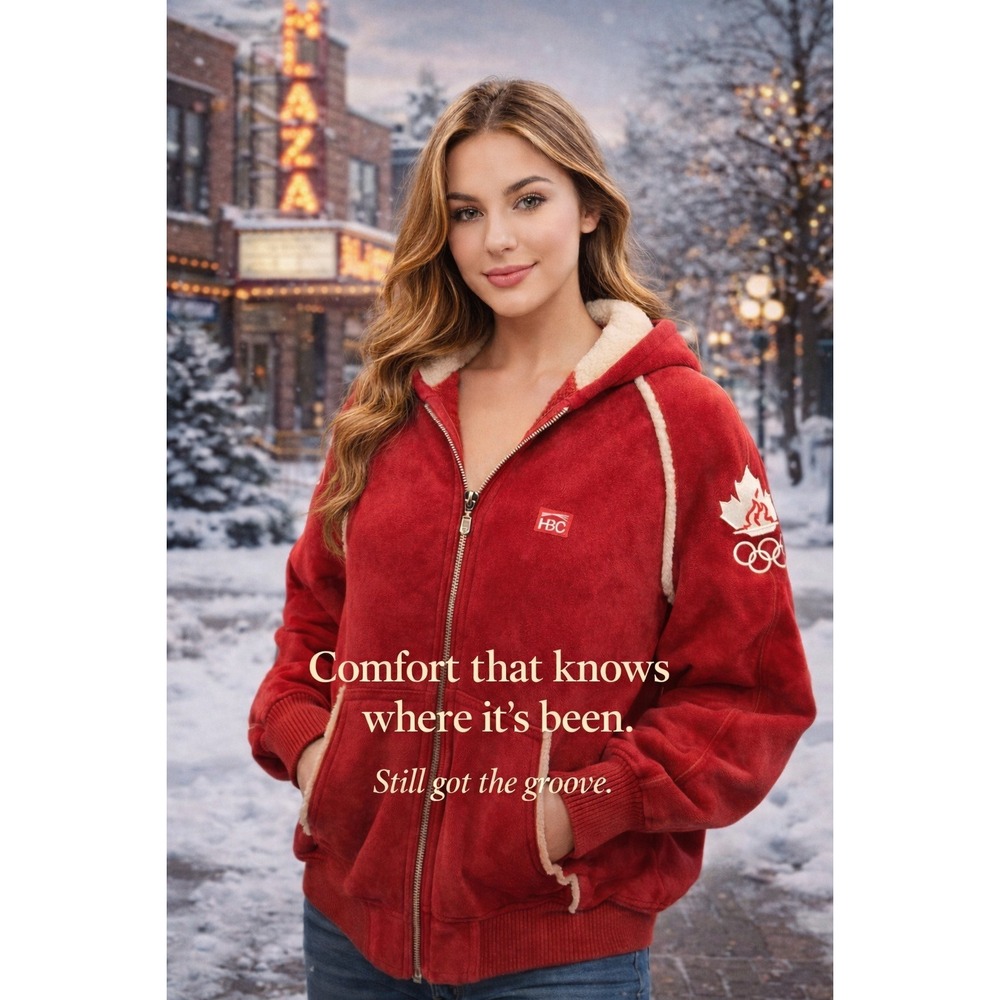 Rare Olympic HBC Red Hooded Shearling‎ Jacket for Women. Size L